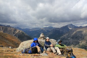 The party takes a short rest after reaching Froze-to-Death Plateau. From left to right: Chris, Brent, Brian. Photo by Brent Zundel