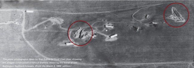 An aerial photograph taken by then-Editor-in-Chief Chet Uber, showing the construction of fallout shelters made by burying two Burlington Northern rail cars. From the March 3, 1988 edition.