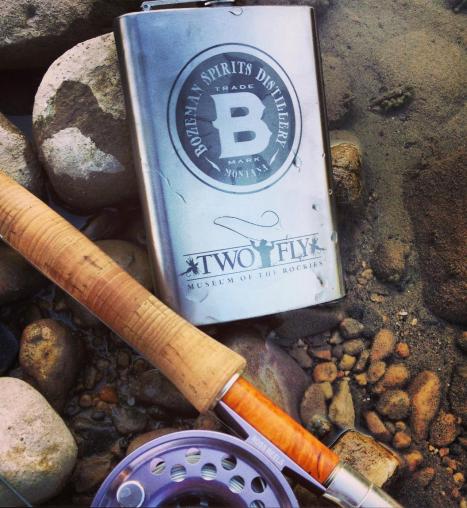 Fly rod and whiskey flask — the perfect Montana combination. Photo courtesy Bozeman Spirits Distillery 