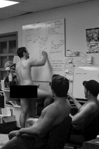 Members of the Exponent conduct an all-nude staff meeting. Photo by Matt Williams, editing by Eric Dietrich