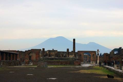 Mount Vesuvius looming over the ruined city of Pompeii.