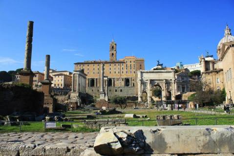 A view out across the ruins of the Roman Forum.