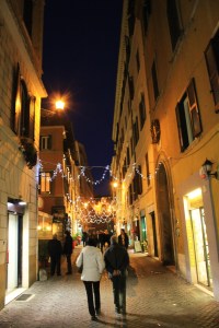 Narrow pedestrian pathways at night.