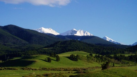 The shining mountains and rolling green hills at Turner’s Flying D Ranch, located just south of Bozeman, Montana. Photo courtesy Turner Enterprises.
