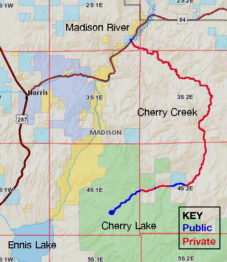 A map of Cherry Creek’s route through public and private lands. Blue reaches run through public lands, while red reaches run through private. Image courtesy Brent Zundel, data from Montana Cadastral.